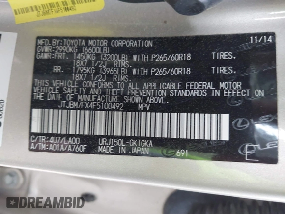 2015 Lexus GX 460 with VIN JTJBM7FX4F5100492, listed as a IAAI auction lot 41857586 with 109,534 mi miles and . Bid and sale history available at carsss.com. Image 9.
