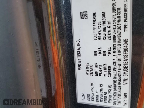 2025 Tesla Model 3 Long Range with VIN 5YJ3E1EA1SF904045, listed as a Copart auction lot 55382675 with 6,270 mi miles and Salvage title. Bid and sale history available at DreamBid. Image 12.