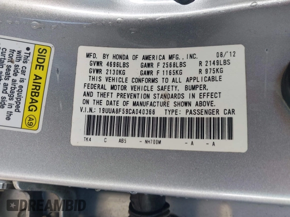 2012 Acura TL Tech Auto with VIN 19UUA8F59CA040366, listed as a IAAI auction lot 41928066 with 177,164 mi miles. Bid and sale history available at carsss.com. Image 9.