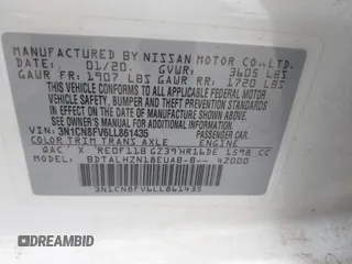 2020 Nissan Versa SR with VIN 3N1CN8FV6LL861435, listed as a IAAI auction lot 41763989 with 74,737 mi miles and . Bid and sale history available at DreamBid. Image 9.