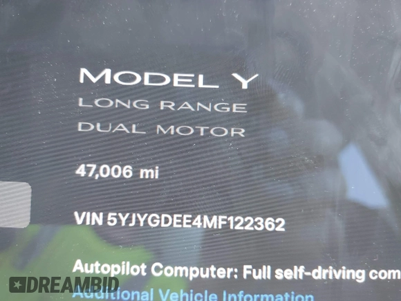 2021 Tesla Model Y Long Range with VIN 5YJYGDEE4MF122362, listed as a IAAI auction lot 42096138 with 47,006 mi miles and . Bid and sale history available at DreamBid. Image 16.