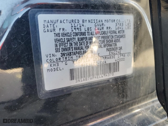 2014 Nissan Sentra S with VIN 3N1AB7AP4EL694370, listed as a Copart auction lot 50394395 with 172,332 mi miles and Salvage Title. Bid and sale history available at carsss.com. Image 12.