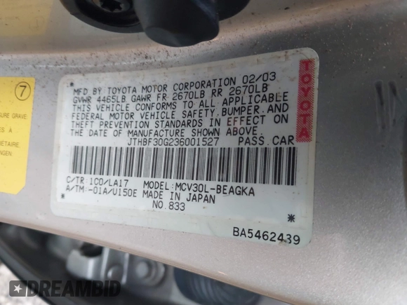 2003 Lexus ES 300 with VIN JTHBF30G236001527, listed as a IAAI auction lot 41474225 with 220,100 mi miles and . Bid and sale history available at DreamBid. Image 9.