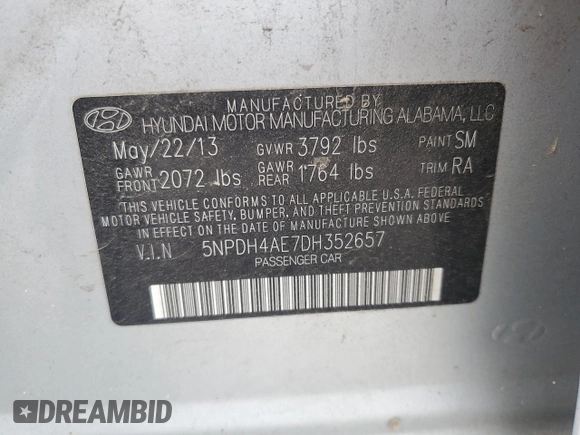 2013 Hyundai Elantra GLS с VIN 5NPDH4AE7DH352657, выставлен на аукционе Copart как лот 57814215 с пробегом 115 566 миль миль и Списание • Salvage title. История ставок и продаж доступна на DreamBid. Изображение 12.