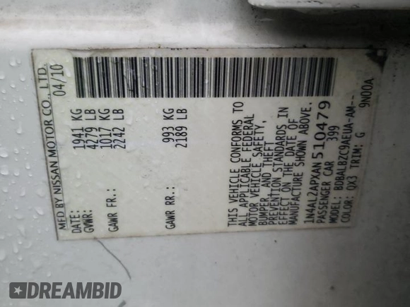 2010 Nissan Altima 2.5 S with VIN 1N4AL2APXAN510479, listed as a Copart auction lot 50942345 with 159,206 mi miles and Salvage Title. Bid and sale history available at carsss.com. Image 12.
