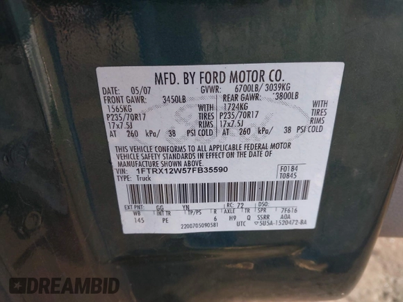 2007 Ford F-150 STX with VIN 1FTRX12W57FB35590, listed as a IAAI auction lot 41518237 with 242,321 mi miles and . Bid and sale history available at DreamBid. Image 9.