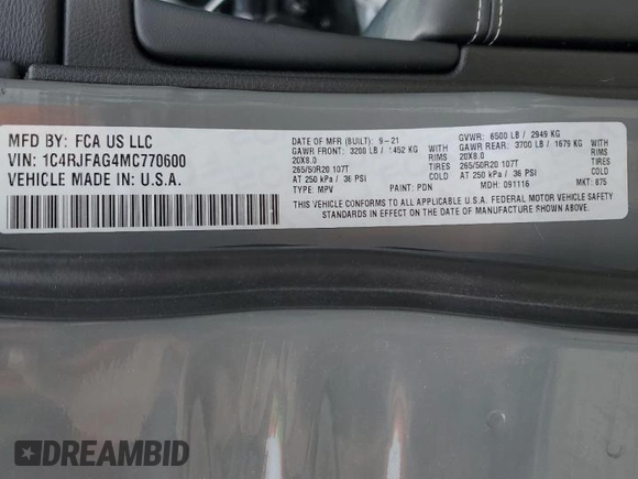 2021 Jeep Grand Cherokee Freedom with VIN 1C4RJFAG4MC770600, listed as a Copart auction lot 60846255 with 56,427 mi miles and Salvage title. Bid and sale history available at DreamBid. Image 13.