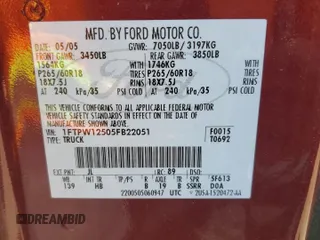 2005 Ford F-150 XLT with VIN 1FTPW12505FB22051, listed as a Copart auction lot 84535874 with 143,574 mi miles and Clean Title. Bid and sale history available at carsss.com. Image 12.