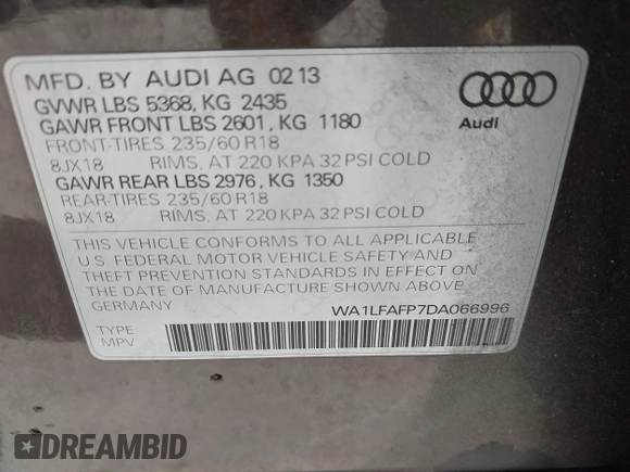 2013 Audi Q5 Premium Plus с VIN WA1LFAFP7DA066996, выставлен на аукционе IAAI как лот 41836209 с пробегом 102 257 миль миль и . История ставок и продаж доступна на DreamBid. Изображение 9.