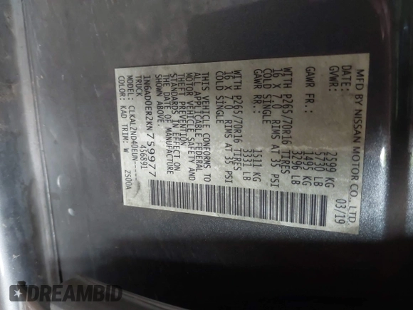 2019 Nissan Frontier SV z VIN 1N6AD0ER2KN759977, wystawiony jako IAAI lot #41797970 z przebiegiem 60 226 mil mil oraz . Historia ofert i sprzedaży dostępna na DreamBid. Obrazek 9.