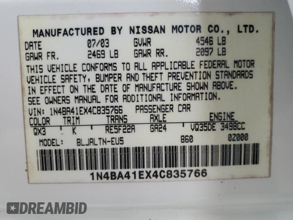 2004 Nissan Maxima SE with VIN 1N4BA41EX4C835766, listed as a Copart auction lot 68449684 with 114,235 mi miles and Salvage Title. Bid and sale history available at carsss.com. Image 13.