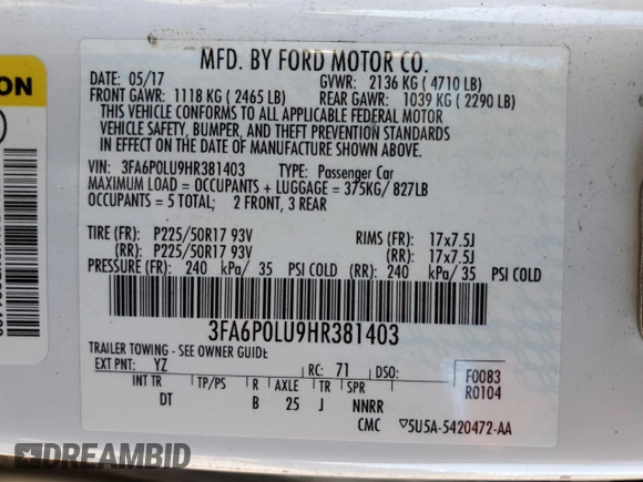 2017 Ford Fusion Hybrid SE with VIN 3FA6P0LU9HR381403, listed as a Copart auction lot 62651445 with 163,089 mi miles and Salvage title. Bid and sale history available at DreamBid. Image 12.