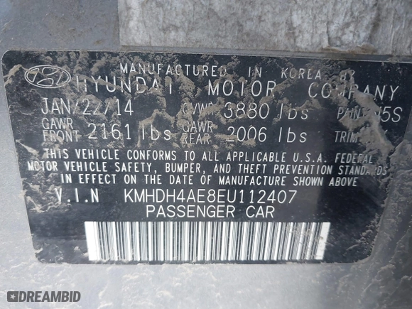 2014 Hyundai Elantra SE with VIN KMHDH4AE8EU112407, listed as a IAAI auction lot 41713194 with 126,050 mi miles. Bid and sale history available at carsss.com. Image 9.