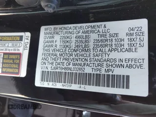 2022 Honda CR-V EX-L with VIN 5J6RT6H86NL032852, listed as a IAAI auction lot 42078671 with 27,347 mi miles and . Bid and sale history available at DreamBid. Image 9.