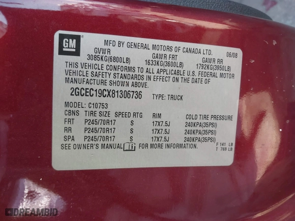 2008 Chevrolet Silverado 1500 LT w/1LT with VIN 2GCEC19CX81306736, listed as a IAAI auction lot 41598958 with 125,223 mi miles. Bid and sale history available at carsss.com. Image 9.
