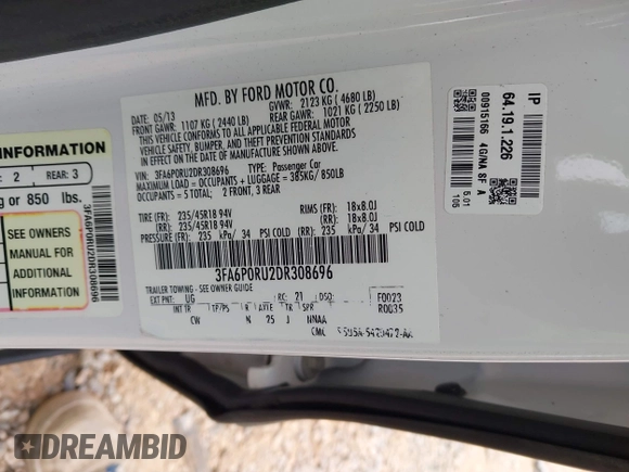 2013 Ford Fusion Titanium Hybrid with VIN 3FA6P0RU2DR308696, listed as a IAAI auction lot 41914944 with 133,710 mi miles. Bid and sale history available at carsss.com. Image 9.