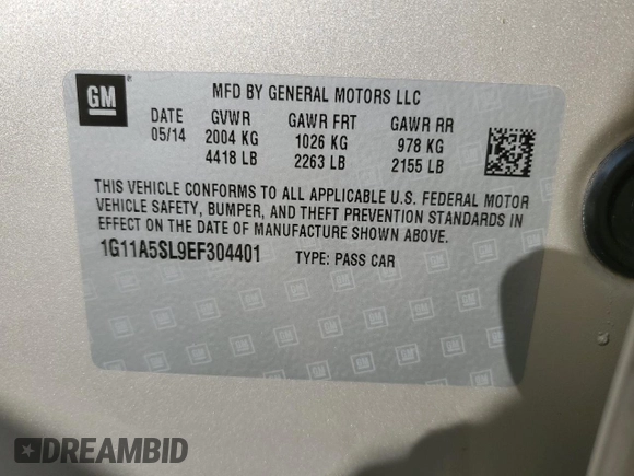 2014 Chevrolet Malibu LS with VIN 1G11A5SL9EF304401, listed as a Copart auction lot 68205964 with 79,859 mi miles and Salvage Title. Bid and sale history available at DreamBid. Image 14.