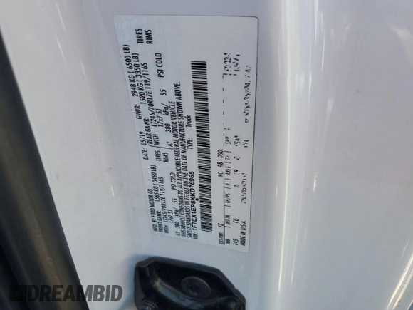 2019 Ford F-150 XL z VIN 1FTEX1EP6KKD76965, wystawiony jako IAAI lot #42631391 z przebiegiem 143 283 mil mil oraz . Historia ofert i sprzedaży dostępna na DreamBid. Obrazek 8.