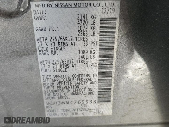 2020 Nissan Rogue S with VIN 5N1AT2MV6LC765533, listed as a Copart auction lot 50021885 with 68,449 mi miles and Salvage Title. Bid and sale history available at carsss.com. Image 13.