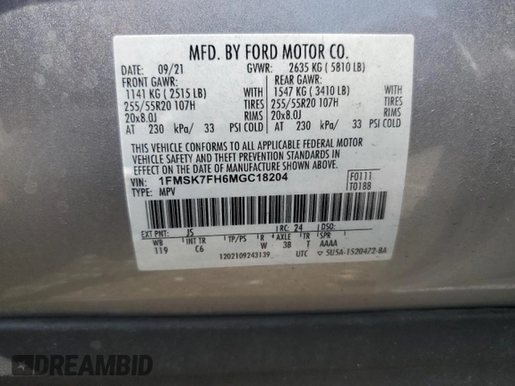 2021 Ford Explorer Limited с VIN 1FMSK7FH6MGC18204, выставлен на аукционе Copart как лот 61758085 с пробегом 54 693 миль миль и Списание • Salvage title. История ставок и продаж доступна на DreamBid. Изображение 14.