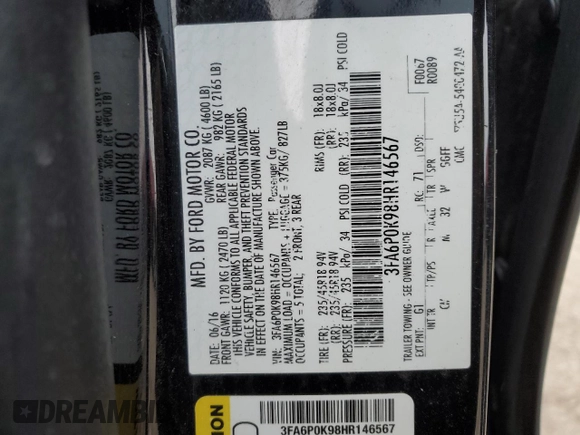2017 Ford Fusion Titanium with VIN 3FA6P0K98HR146567, listed as a Copart auction lot 46335525 with Not provided miles and Salvage title. Bid and sale history available at DreamBid. Image 12.