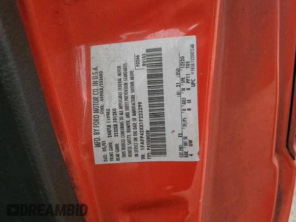 2001 Ford Mustang GT Deluxe с VIN 1FAFP42XX1F223299, выставлен на аукционе Copart как лот 55693455 с пробегом Не указан миль и Списание • Salvage title. История ставок и продаж доступна на DreamBid. Изображение 13.