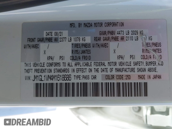 2021 Mazda 6 Touring with VIN JM1GL1VM4M1618686, listed as a IAAI auction lot 42079730 with 55,539 mi miles and . Bid and sale history available at DreamBid. Image 9.