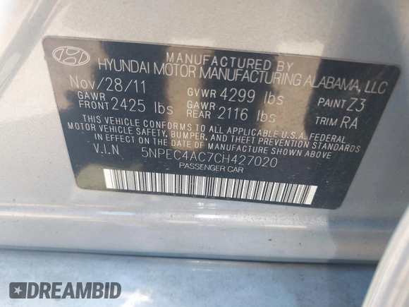 2012 Hyundai Sonata Limited with VIN 5NPEC4AC7CH427020, listed as a IAAI auction lot 39544014 with 114,008 mi miles and . Bid and sale history available at DreamBid. Image 9.