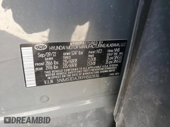 2023 Hyundai Santa Fe SE with VIN 5NMS1DAJXPH502836, listed as a Copart auction lot 48951395 with 38,282 mi miles and Salvage title. Bid and sale history available at DreamBid. Image 13.