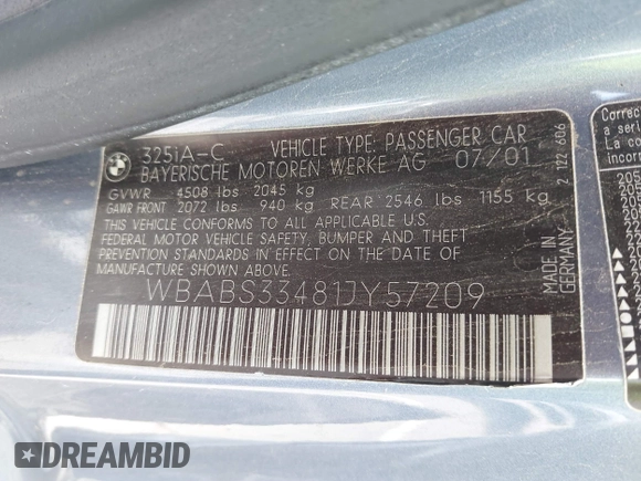 2001 BMW 3 Series 325Ci with VIN WBABS33481JY57209, listed as a IAAI auction lot 41895588 with 1 mi miles. Bid and sale history available at carsss.com. Image 9.