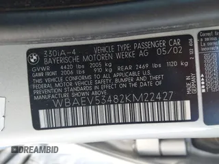 2002 BMW 3 Series 330i with VIN WBAEV53482KM22427, listed as a IAAI auction lot 41867713 with 205,653 mi miles and . Bid and sale history available at DreamBid. Image 9.