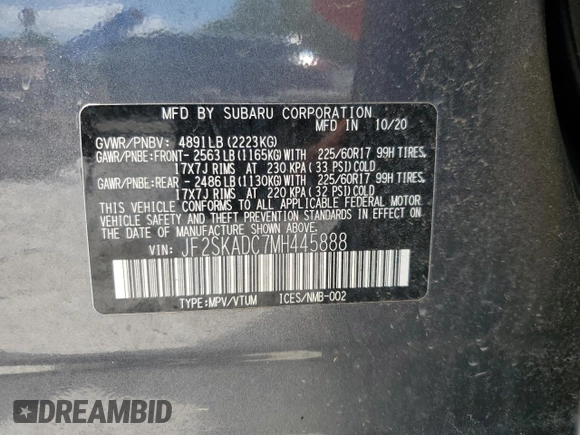 2021 Subaru Forester с VIN JF2SKADC7MH445888, выставлен на аукционе Copart как лот 58088675 с пробегом 73 764 миль миль и Чистый • Clean title. История ставок и продаж доступна на DreamBid. Изображение 13.