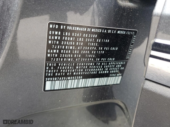 2018 Volkswagen Tiguan SEL with VIN 3VV3B7AX5JM092380, listed as a Copart auction lot 48515235 with 12,778 mi miles and Salvage Title. Bid and sale history available at carsss.com. Image 16.