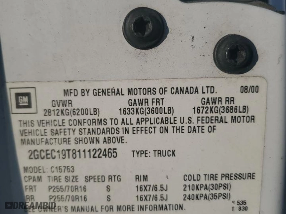 2001 Chevrolet Silverado 1500 LT with VIN 2GCEC19T811122465, listed as a Copart auction lot 44249515 with 91,555 mi miles and Salvage Title. Bid and sale history available at carsss.com. Image 14.
