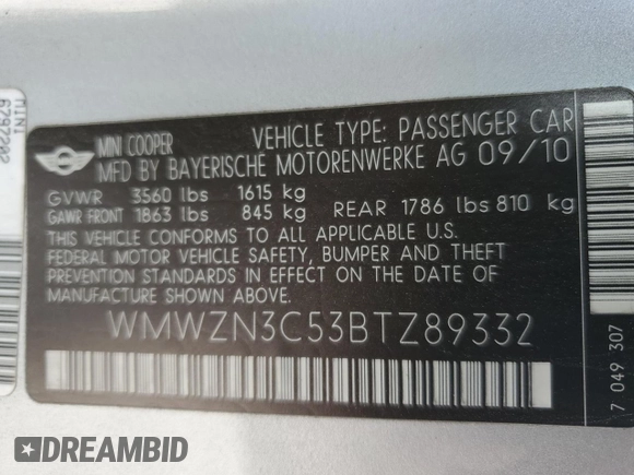 2011 MINI Convertible with VIN WMWZN3C53BTZ89332, listed as a Copart auction lot 45945515 with 25,809 mi miles and Salvage title. Bid and sale history available at DreamBid. Image 13.