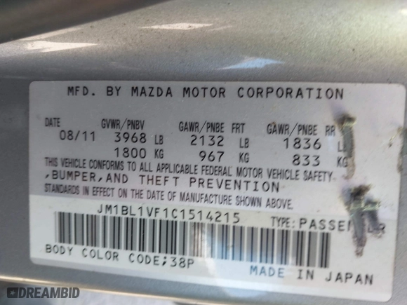 2012 Mazda Mazda3 i Touring with VIN JM1BL1VF1C1514215, listed as a IAAI auction lot 41728974 with 209,802 mi miles. Bid and sale history available at carsss.com. Image 9.
