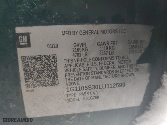 2020 Chevrolet Impala Premier with VIN 1G1105S30LU112599, listed as a Copart auction lot 44703005 with 0 mi miles and Non Repairable. Bid and sale history available at carsss.com. Image 13.