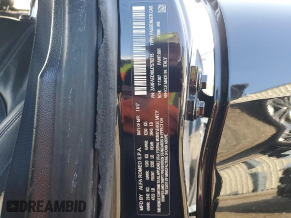 2018 Alfa Romeo Giulia with VIN ZARFAEDN8J7579215, listed as a Copart auction lot 86781414 with Not provided miles and Salvage title. Bid and sale history available at DreamBid. Image 13.