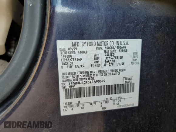 2000 Ford Excursion Limited with VIN 1FMNU42F5YEA90629, listed as a Copart auction lot 58949025 with 449,482 mi miles and Salvage title. Bid and sale history available at DreamBid. Image 13.
