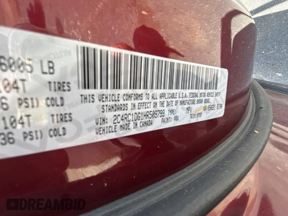 2017 Chrysler Pacifica Touring with VIN 2C4RC1DG1HR509799, listed as a Copart auction lot 60269185 with 165,931 mi miles and Clean title. Bid and sale history available at DreamBid. Image 10.