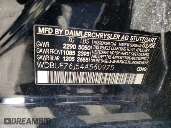 2004 Mercedes-Benz E 55 AMG with VIN WDBUF76J54A560975, listed as a Copart auction lot 68046383 with 155,132 mi miles and Salvage Title. Bid and sale history available at DreamBid. Image 13.