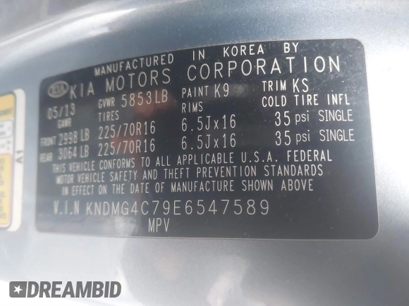 2014 Kia Sedona LX with VIN KNDMG4C79E6547589, listed as a IAAI auction lot 41724633 with 211,213 mi miles. Bid and sale history available at carsss.com. Image 9.