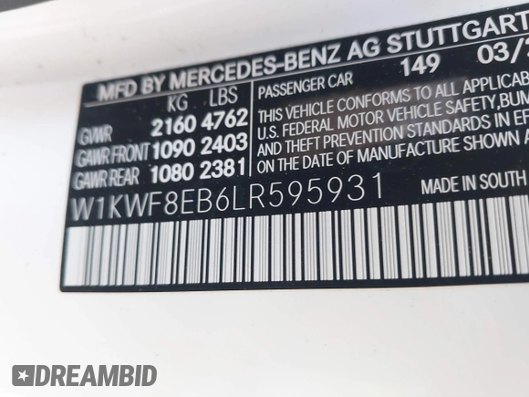 2020 Mercedes-Benz C 300 with VIN W1KWF8EB6LR595931, listed as a IAAI auction lot 41124898 with 20,713 mi miles and . Bid and sale history available at DreamBid. Image 9.