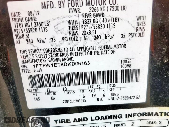 2013 Ford F-150 XL with VIN 1FTFW1ET6DKD06163, listed as a Copart auction lot 57675765 with Not provided miles and Salvage title. Bid and sale history available at DreamBid. Image 12.