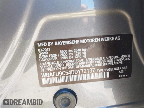 2013 BMW 5 Series 550i xDrive with VIN WBAFU9C54DDY72137, listed as a IAAI auction lot 41794124 with 58,647 mi miles and . Bid and sale history available at carsss.com. Image 9.