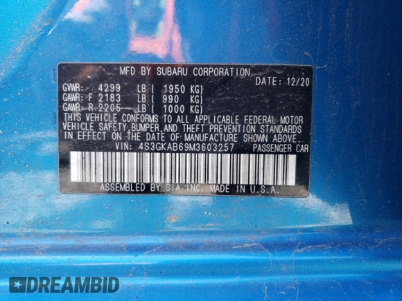 2021 Subaru Impreza с VIN 4S3GKAB69M3603257, выставлен на аукционе Copart как лот 53660645 с пробегом 62 559 миль миль и Списание • Salvage title. История ставок и продаж доступна на DreamBid. Изображение 12.