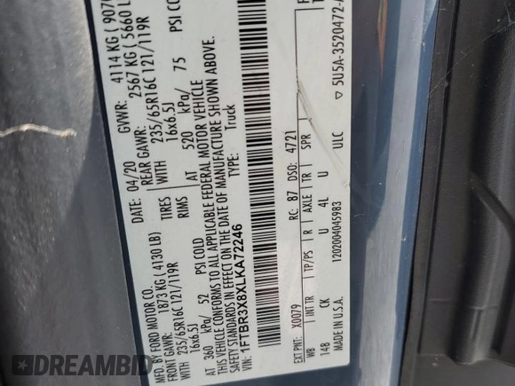 2020 Ford Transit Cargo with VIN 1FTBR3X8XLKA72246, listed as a Copart auction lot 57000035 with 65,458 mi miles and Salvage Title. Bid and sale history available at DreamBid. Image 14.