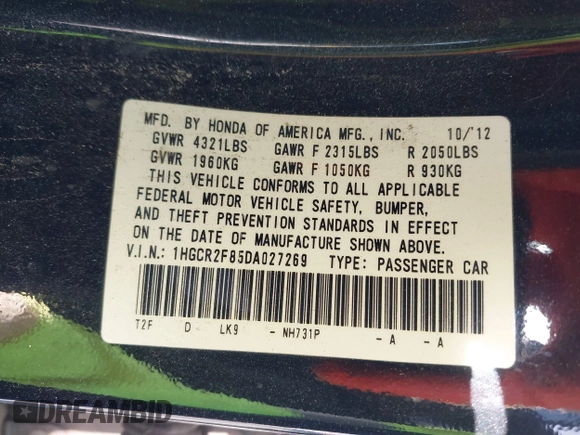 2013 Honda Accord Sdn EX-L with VIN 1HGCR2F85DA027269, listed as a IAAI auction lot 41962077 with 182,769 mi miles. Bid and sale history available at carsss.com. Image 9.