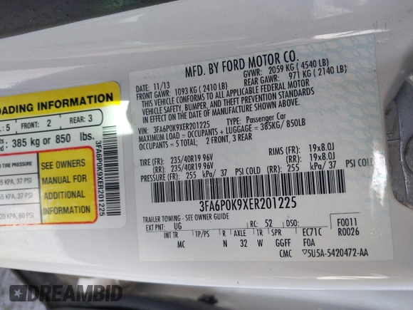 2014 Ford Fusion Titanium with VIN 3FA6P0K9XER201225, listed as a IAAI auction lot 41895572 with 108,510 mi miles. Bid and sale history available at carsss.com. Image 9.