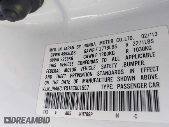 2014 Acura RLX Tech Pkg with VIN JH4KC1F51EC001557, listed as a IAAI auction lot 41937077 with 45,392 mi miles. Bid and sale history available at carsss.com. Image 9.